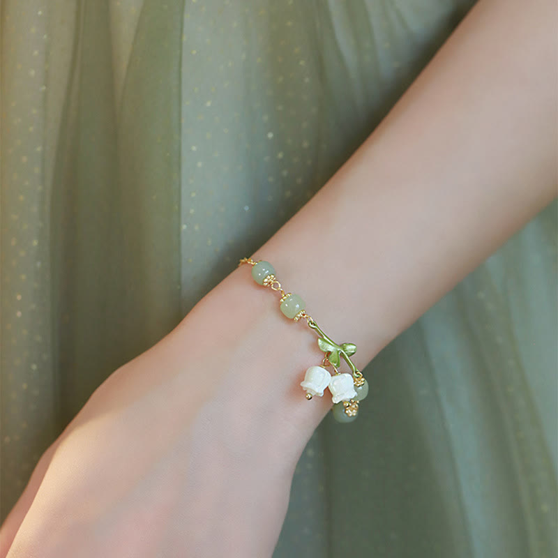Bracelet chaîne de prospérité en perles de jade vert et muguet de Buddha Stones