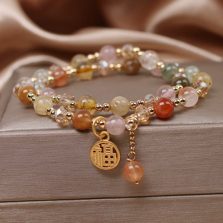 Bracelet de bon augure en quartz rutile multicolore avec Buddha Stones et caractère Fu