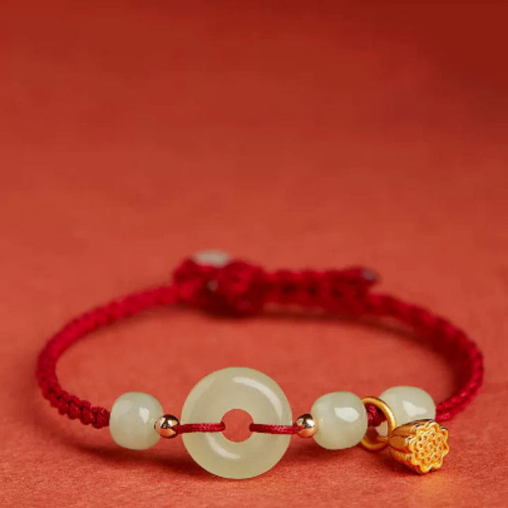 Bracelet en corde avec boucle ronde en Buddha Stones et lotus de jade pour la paix, le bonheur, l'abondance et la richesse