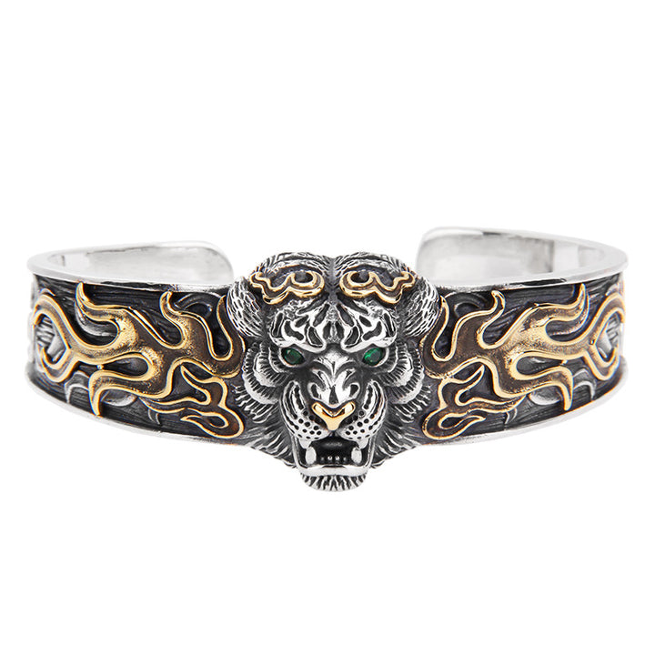 Bracelet jonc en argent sterling 925 Buddha Stones et signe du zodiaque chinois, tigre, éloigne les mauvais esprits