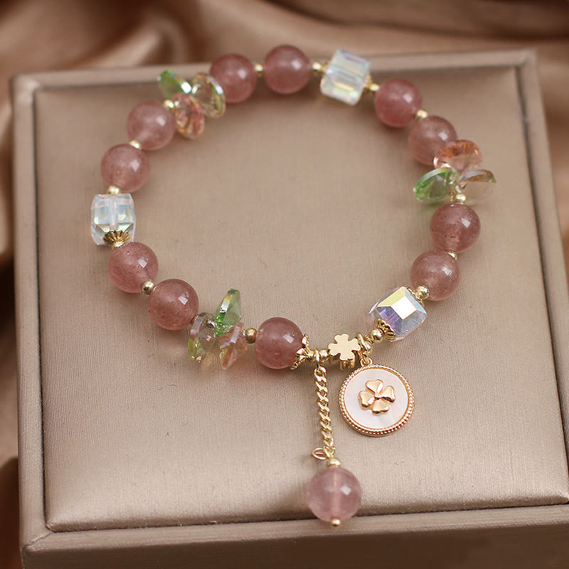 Bracelet porte-bonheur en quartz fraise et trèfle à quatre feuilles avec breloque de guérison et Buddha Stones