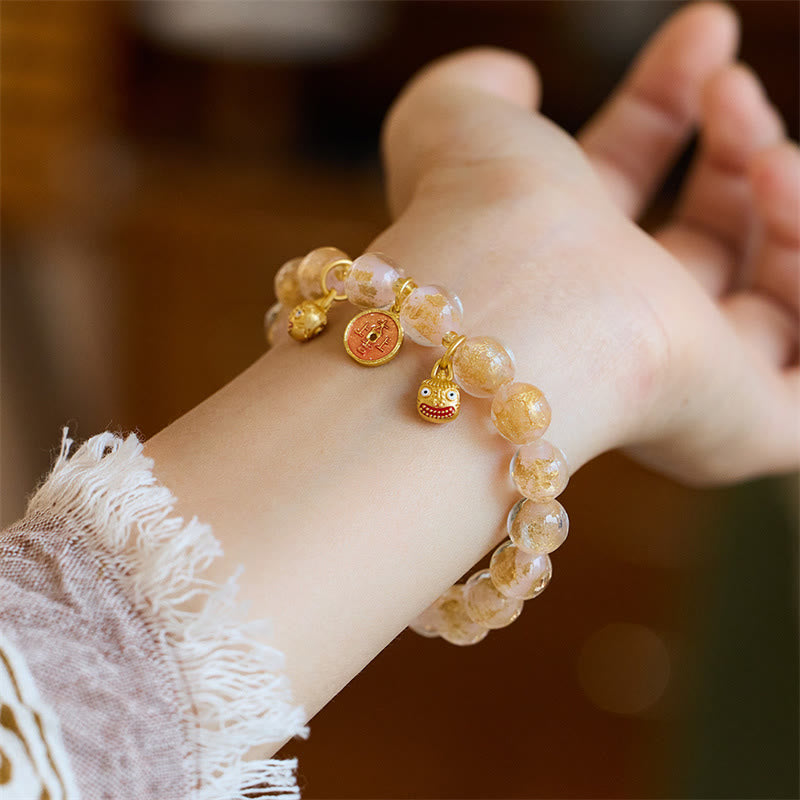 Bracelet porte-bonheur en perles de verre Liuli Buddha Stones et bête avaleuse d'or et pièce de cuivre