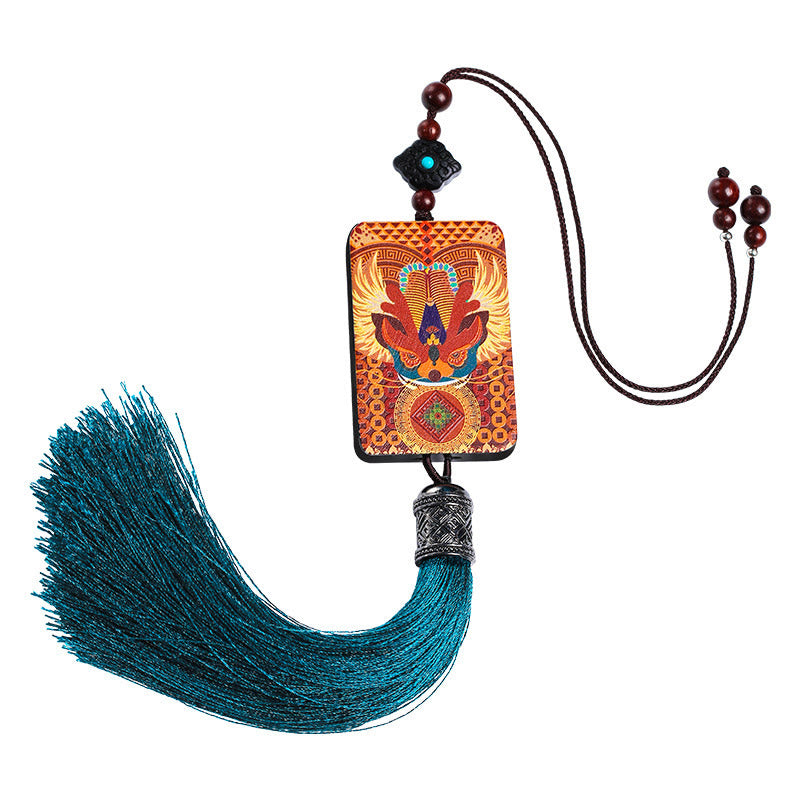 Décoration à suspendre pour voiture en bois d'ébène avec pompon porte-bonheur et richesse en Buddha Stones PiXiu