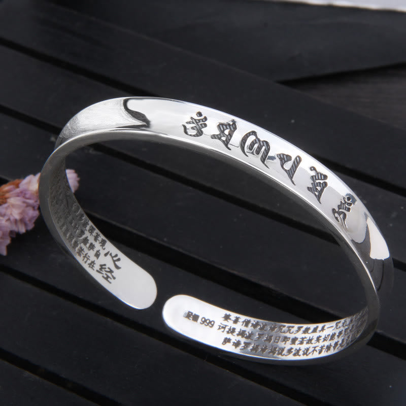Bracelet jonc en argent sterling 999 Buddha Stones Om Mani Padme Hum Heart Sutra Love Peace