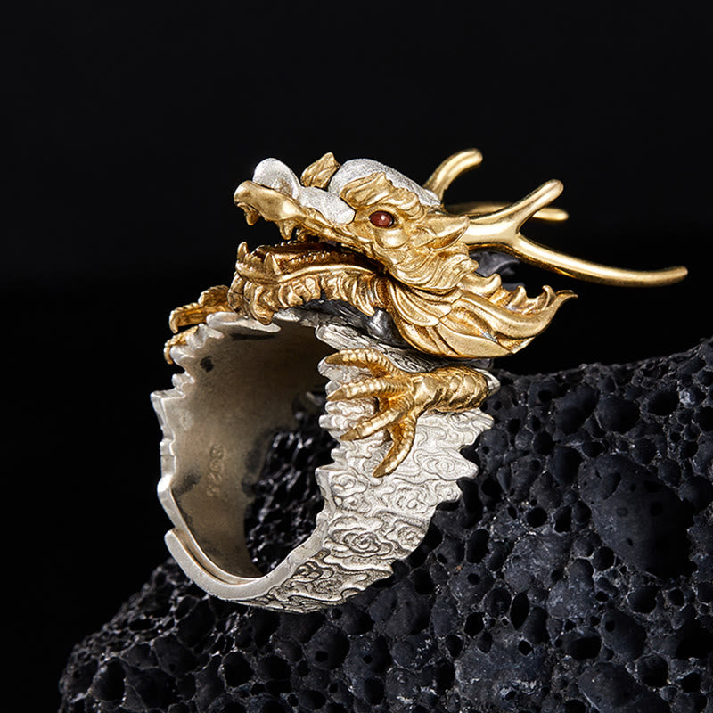 Pendentif bague réglable en argent sterling 925 Buddha Stones et dragon porte-bonheur et protection