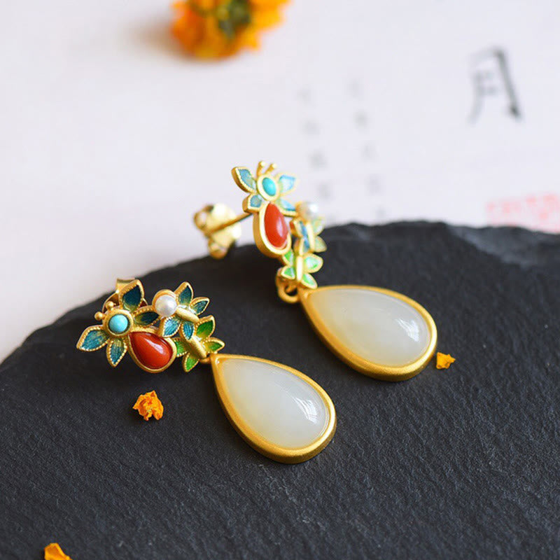 Boucles d'oreilles pendantes en forme de goutte d'eau Buddha Stones, jade blanc, agate rouge, papillon, protection