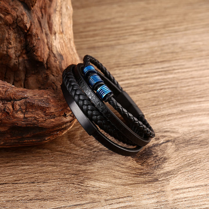 Bracelet en cuir multicouches avec boucle magnétique tressée en acier titane et Buddha Stones