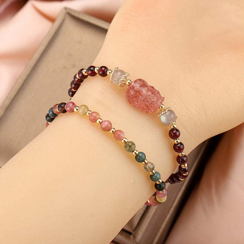 Bracelet de protection en pierre de lune PiXiu en tourmaline naturelle et grenat à fraise