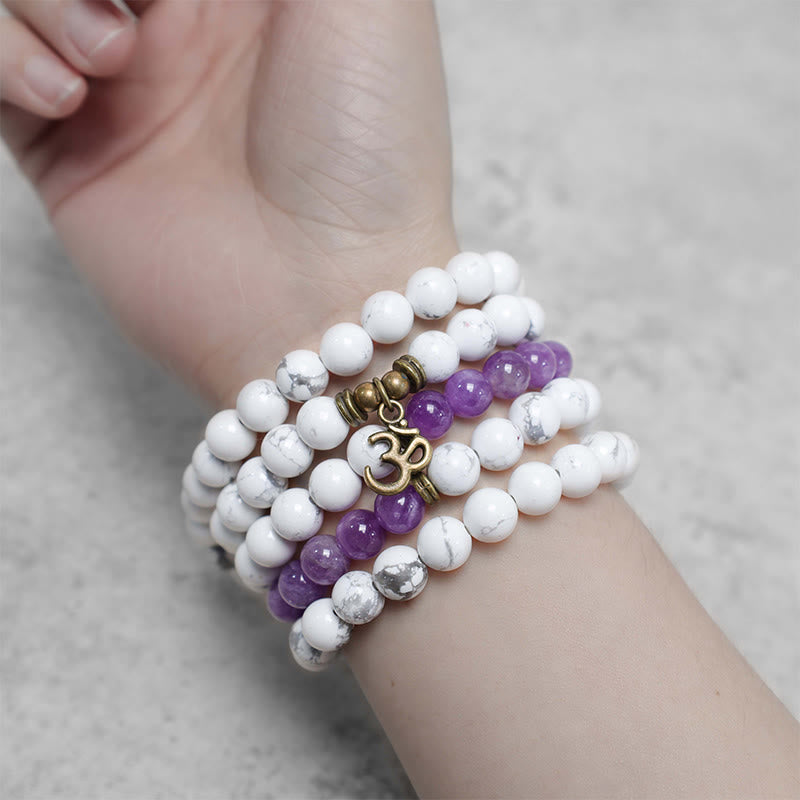 Bracelet Mala 108 Buddha Stones en améthyste blanche turquoise OM guérison énergie méditation