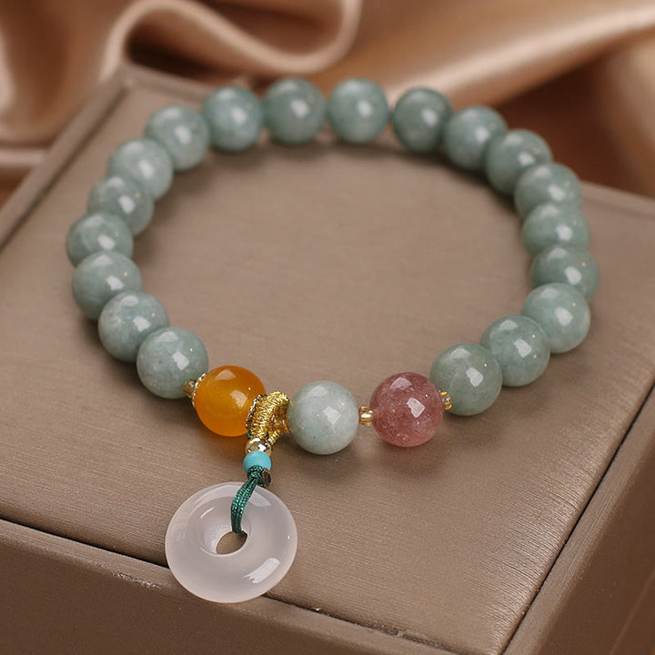 Bracelet de prospérité avec boucle de paix et perles de quartz fraise en jade naturel de Buddha Stones