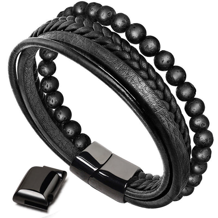 Bracelet en cuir avec perles en pierre de lave naturelle et onyx noir Buddha Stones