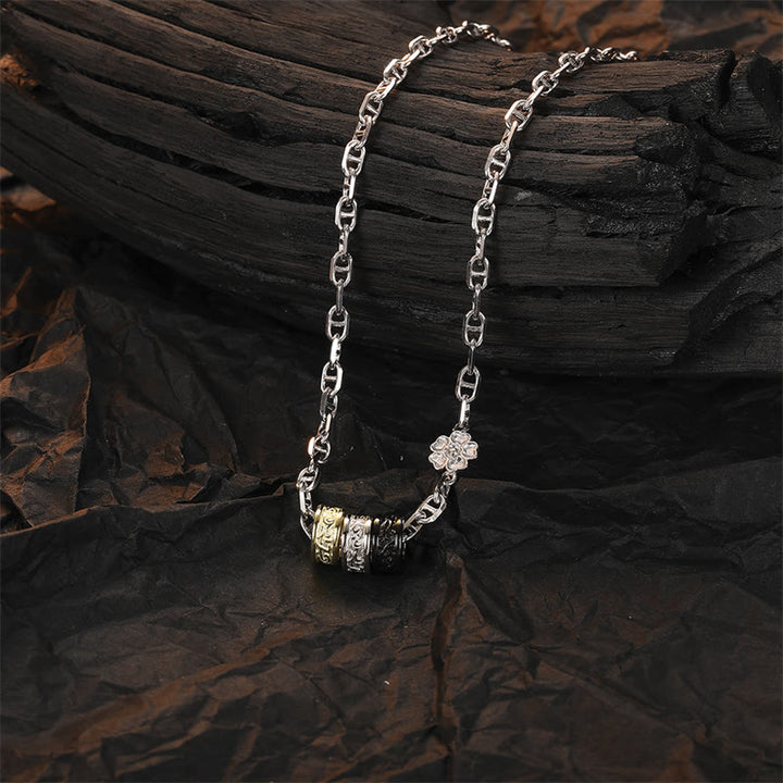 Collier avec pendentif en chaîne énergétique porte-bonheur en argent sterling 925 avec Buddha Stones et motif floral rétro de la dynastie Tang