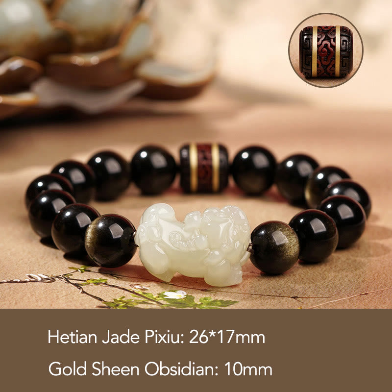 Bracelet de richesse PiXiu en jade cyan Hetian en obsidienne naturelle et dorée avec Buddha Stones