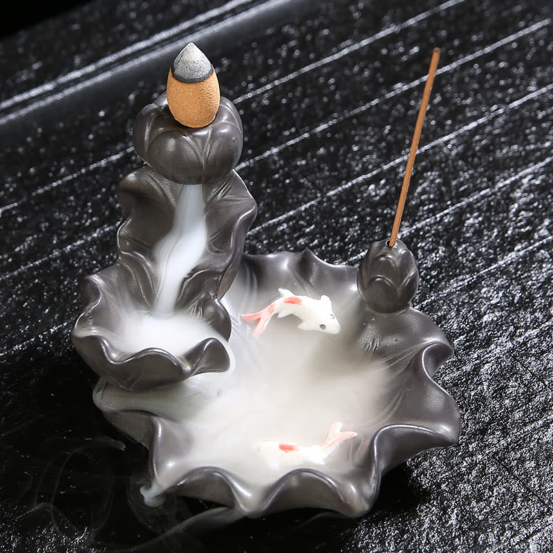 Brûleur d'encens porte-bonheur en forme de poisson Koi en Buddha Stones