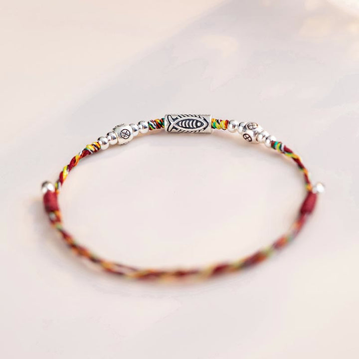 Bracelet de cheville tressé en argent sterling 925 avec poisson Koi et pierres de Buddha Stones
