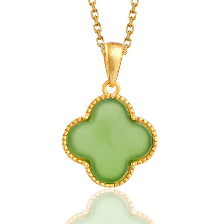 Collier pendentif trèfle à quatre feuilles en jade naturel Hetian en argent sterling 925 Buddha Stones