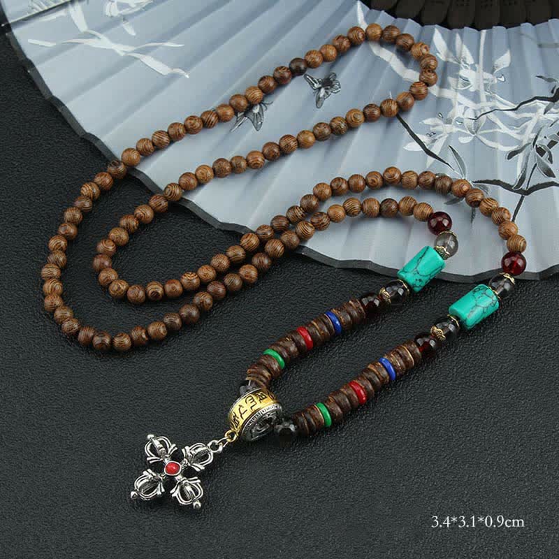 Collier pendentif en bois Vajra Buddha Stones tibétaines Om Mani Padme Hum et rotation de la roue de prière - Croix-Rouge Vajra - image 27