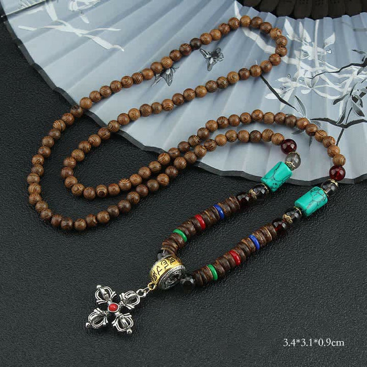 Collier pendentif en bois Vajra Buddha Stones tibétaines Om Mani Padme Hum et rotation de la roue de prière - Croix-Rouge Vajra - image 27