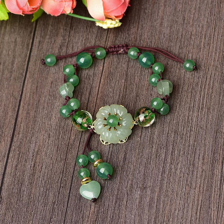 Bracelet porte-bonheur en jade vert naturel Buddha Stones et fleur pendante