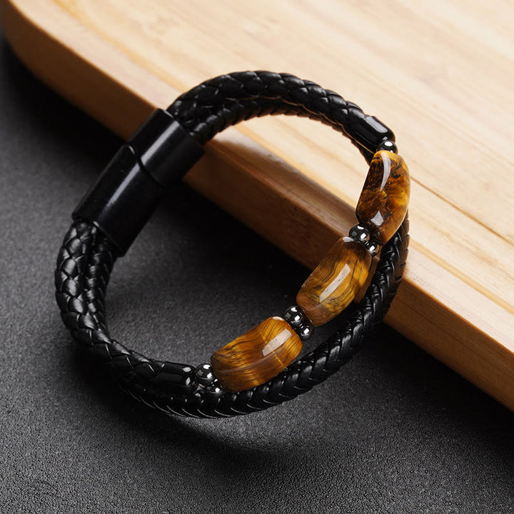 Bracelet en cuir avec boucle magnétique et protection naturelle de l'œil de tigre et des Buddha Stones