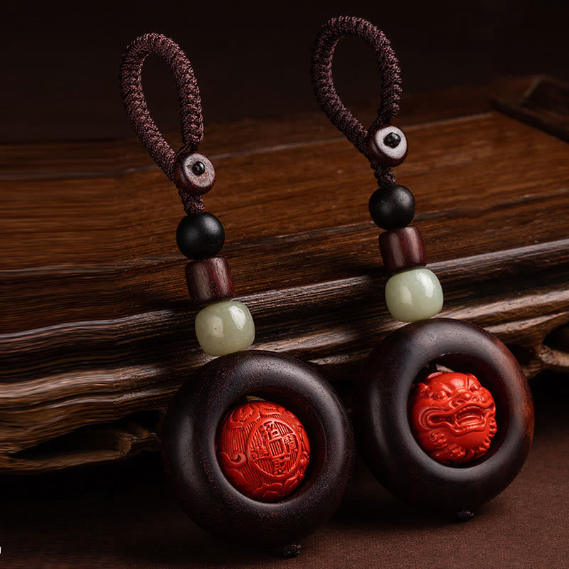 Buddha Stones Tibet Om Mani Padme Hum PiXiu Pièce de cuivre Petite feuille Bois de santal rouge Cinabre Protection Porte-clés