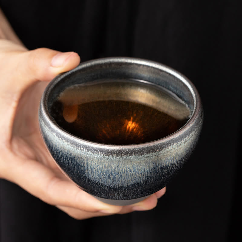 Tasse à thé en porcelaine vintage chinoise en argent bleu Jianzhan avec Buddha Stones
