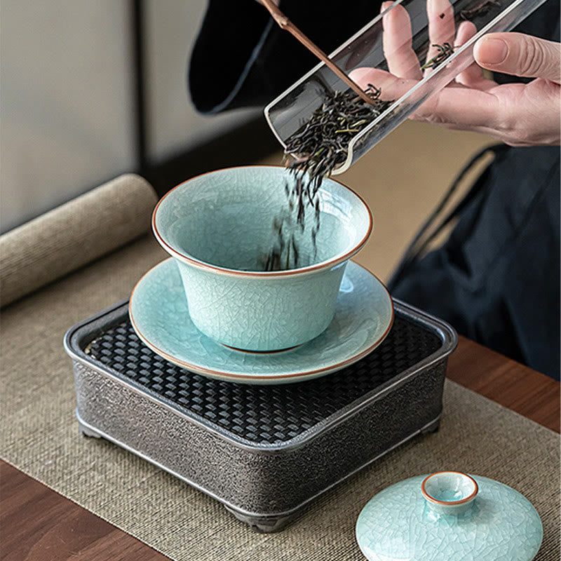 Tasse à thé et soucoupe en céramique avec couvercle en forme de Buddha Stones, style rétro, vert glacé, Gaiwan, Sancai