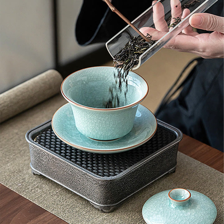 Tasse à thé et soucoupe en céramique avec couvercle en forme de Buddha Stones, style rétro, vert glacé, Gaiwan, Sancai