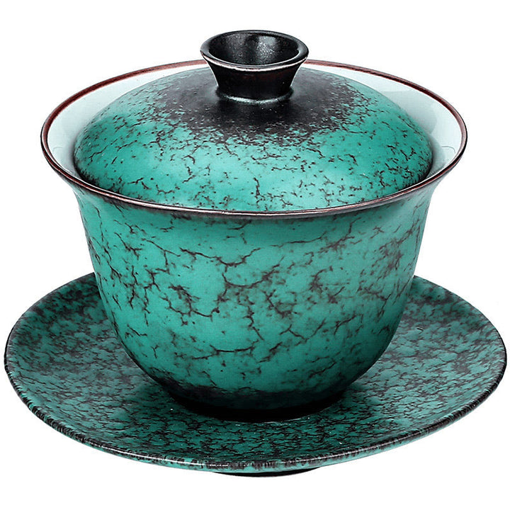 Tasse à thé et soucoupe en céramique émaillée verte rétro Buddha Stones Gaiwan Sancai Tasse à thé Kung Fu et soucoupe avec couvercle