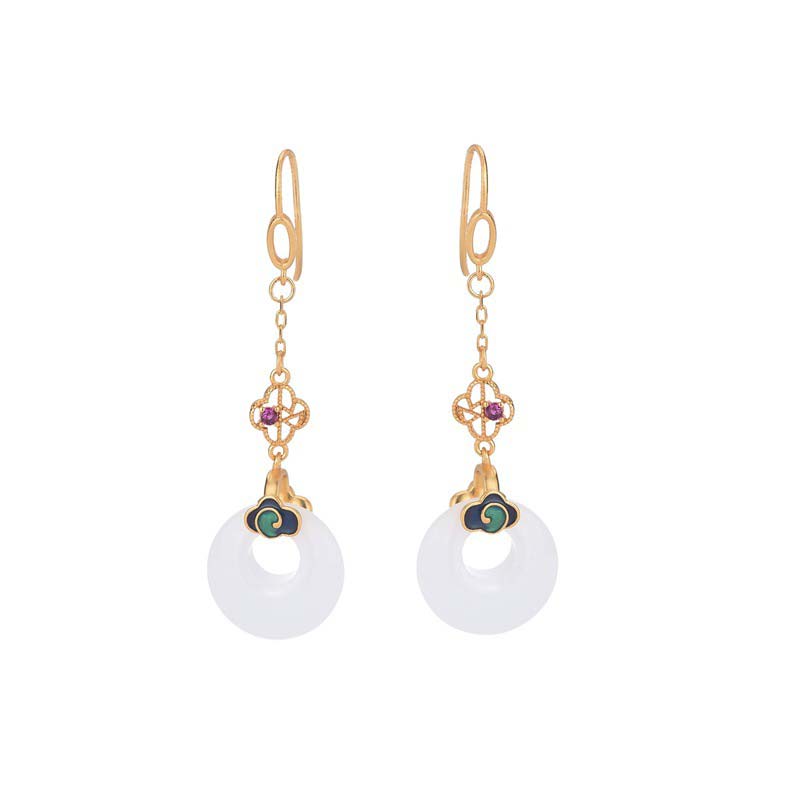 Boucles d'oreilles pendantes Feng Shui en jade blanc