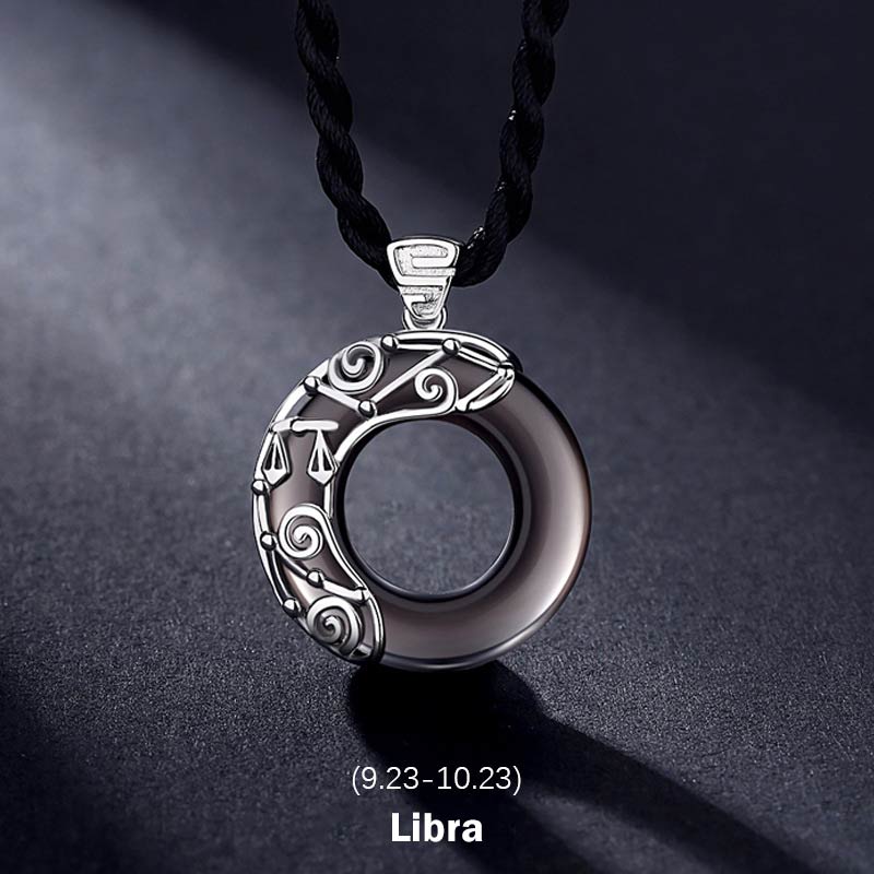 Collier pendentif rond en obsidienne glacée avec 12 constellations du zodiaque de Buddha Stones - Balance - Corde - image 13