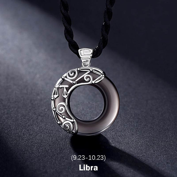 Collier pendentif rond en obsidienne glacée avec 12 constellations du zodiaque de Buddha Stones - Balance - Corde - image 13