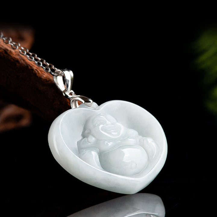 Collier Buddha Stones rieur en jade blanc, pierre de Bouddha, porte-bonheur, chaîne en acier titane - image 2