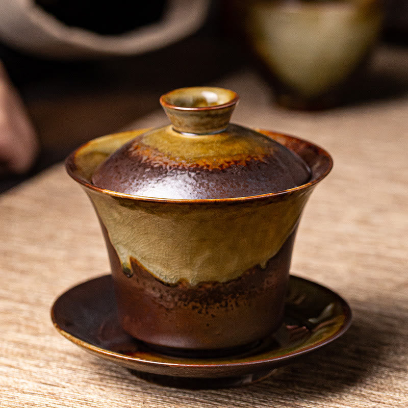 Buddha Stones Vintage Brown Kiln Change Design Porcelaine Céramique Gaiwan Sancai Tasse À Thé Kung Fu Tasse À Thé Et Soucoupe Avec Couvercle