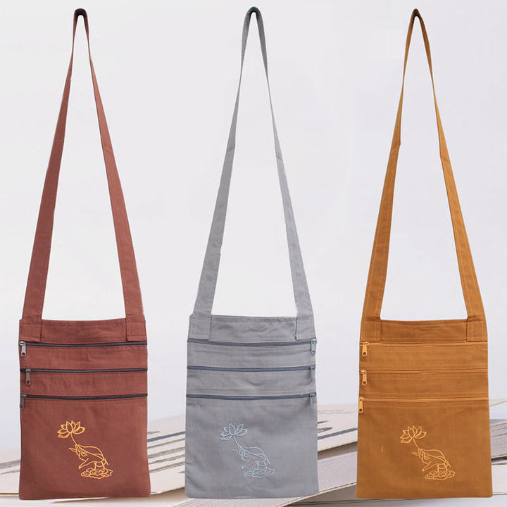 Sac à bandoulière en coton brodé Lotus pour pratique spirituelle
