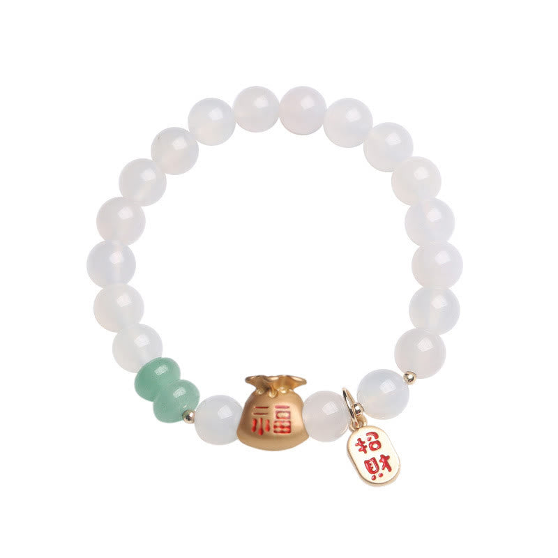 Buddha Stones Agate blanche naturelle Agate rouge Sac d'argent Caractère Fu Trèfle à quatre feuilles Bracelet de protection