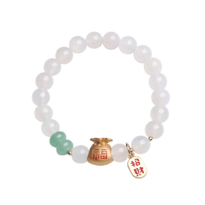 Buddha Stones Agate blanche naturelle Agate rouge Sac d'argent Caractère Fu Trèfle à quatre feuilles Bracelet de protection