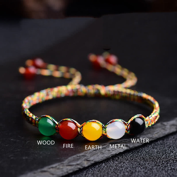 Bracelet en fil d'agate colorée, métal, bois, eau, feu, terre, cinq éléments
