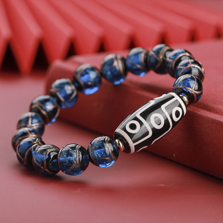 Buddha Stones Perle Dzi tibétaine à neuf yeux Perle Dzi à trois yeux Bracelet de richesse en perles de verre Liuli
