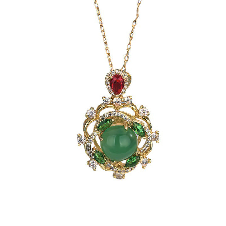 Collier porte-bonheur en jade cyan et cristal rouge avec Buddha Stones