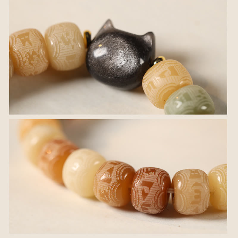 Bracelet d'harmonie gravé en obsidienne argentée Buddha Stones de Bodhi et pierres de Bouddha Tête de chat Om Mani Padme Hum - image 4