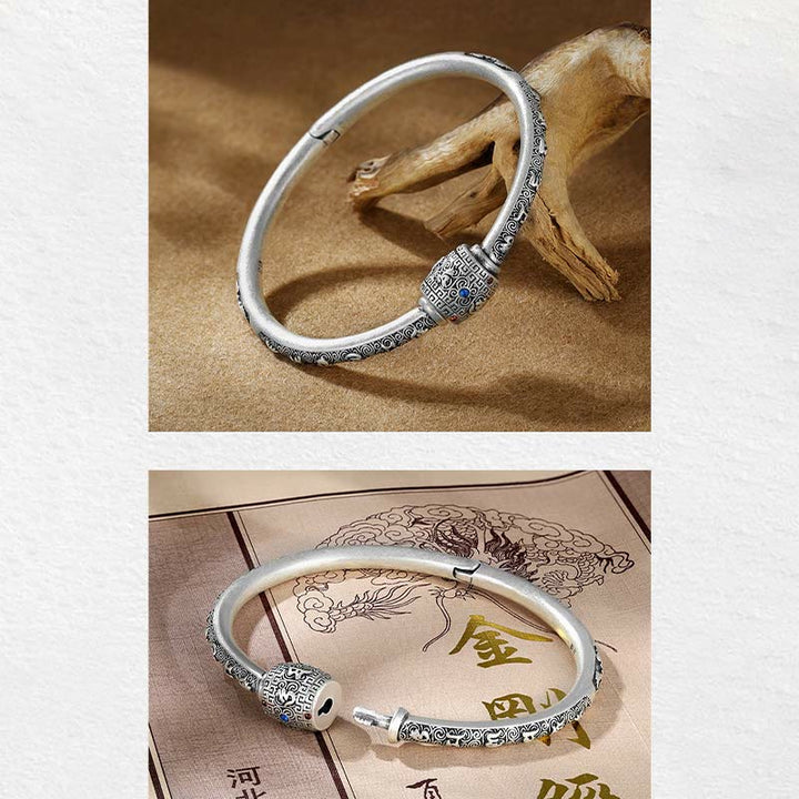 Bracelet de créativité gravé en argent sterling 990 Buddha Stones et nuages de bon augure tibétains Om Mani Padme Hum