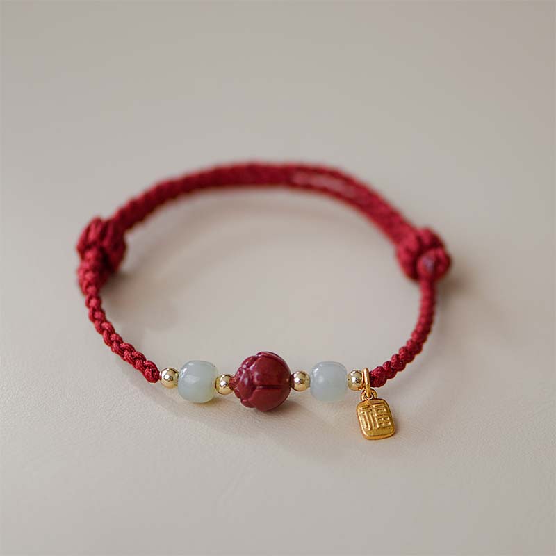 Bracelet tissé en fil rouge calme avec Buddha Stones, jade cinabre et lotus