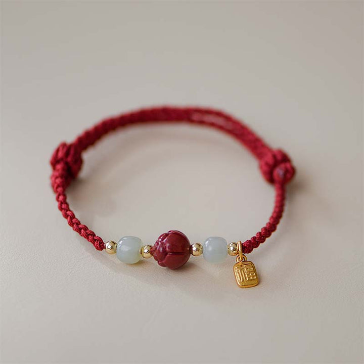 Bracelet tissé en fil rouge calme avec Buddha Stones, jade cinabre et lotus