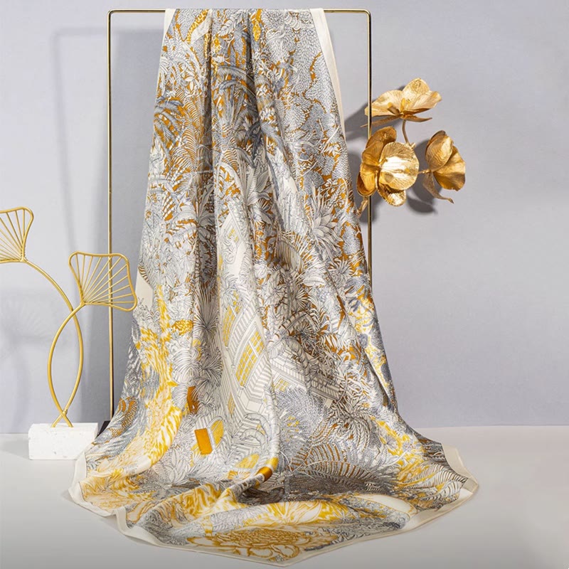 Écharpe en soie de mûrier 100 % peinture à l'huile de la jungle avec Buddha Stones et nuages ​​de bon augure, écharpe de cou en soie double face de qualité supérieure 6A - Le secret de la jungle (Forêt primaire d'été) - image 0