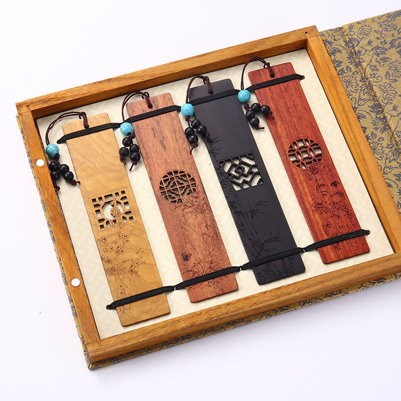 Lot de 4 marque-pages en bois avec Buddha Stones , orchidée, prunier, bambou, chrysanthème, masque d'opéra de Pékin, avec boîte cadeau