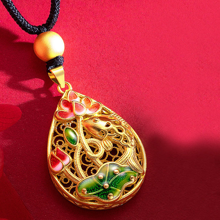 Collier pendentif porte-bonheur en cuivre avec Buddha Stones et poisson Koi, fleur de lotus et feuille - image 4