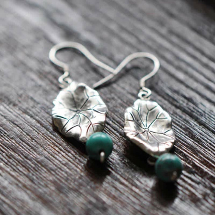 Buddha Stones Boucles d'oreilles pendantes en argent Sterling 925 Turquoise Feuille de Lotus Protection