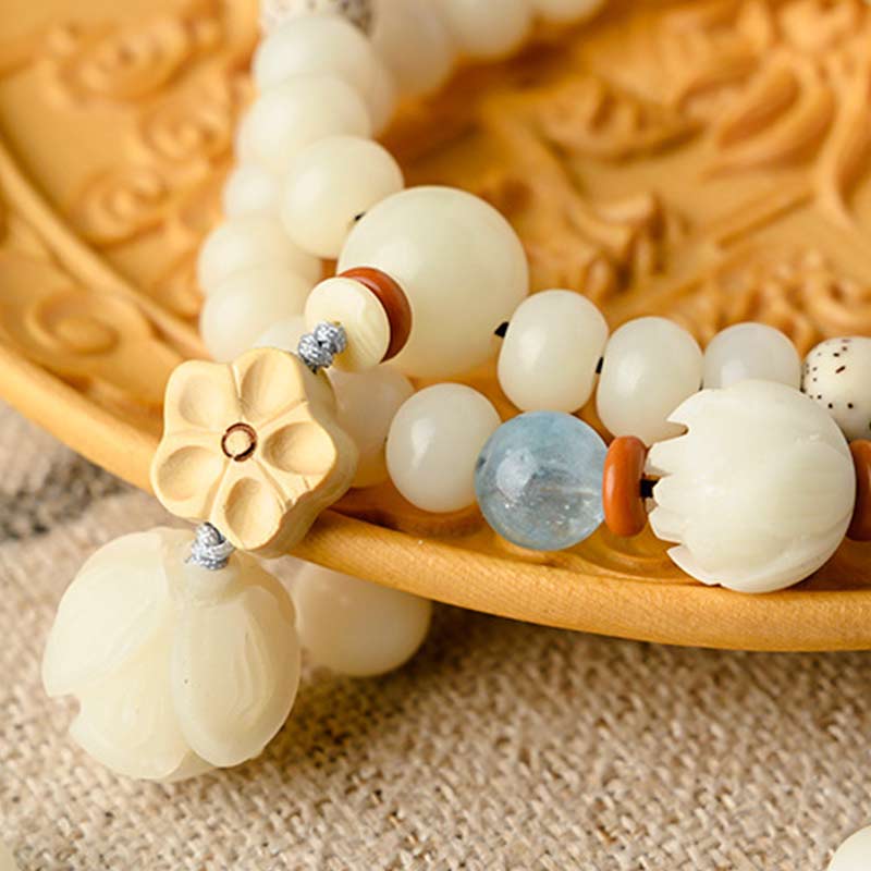 Bracelet de bénédiction Bodhi Lotus en jade blanc tibétain Buddha Stones