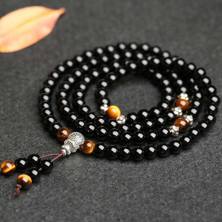 Bracelet Mala de bénédiction en obsidienne noire et œil de tigre Buddha Stones
